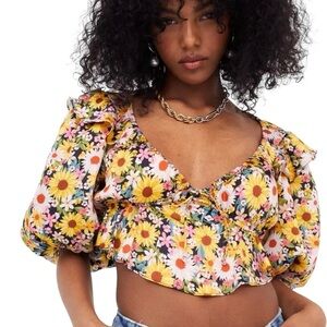 For Love and Lemons Glenn Floral Puff Sleeve Crop Top size M NWOT